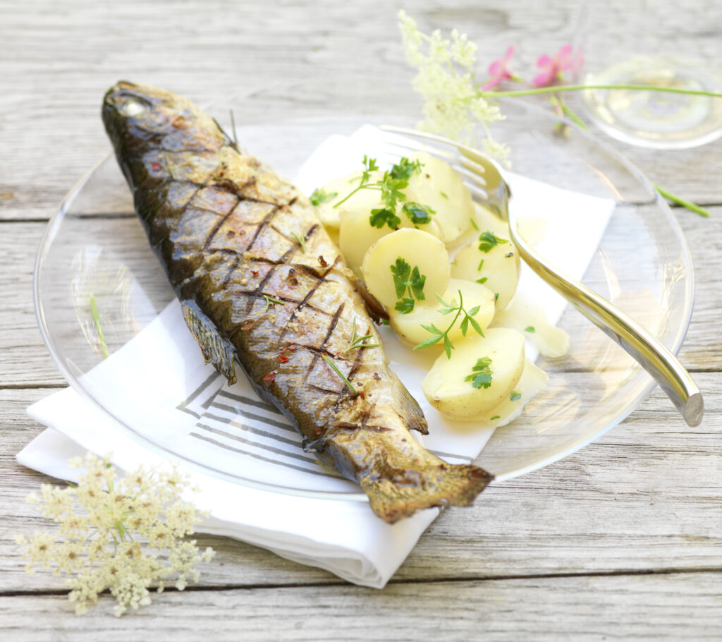 Truite grillée et beurre persillé, pommes vapeur