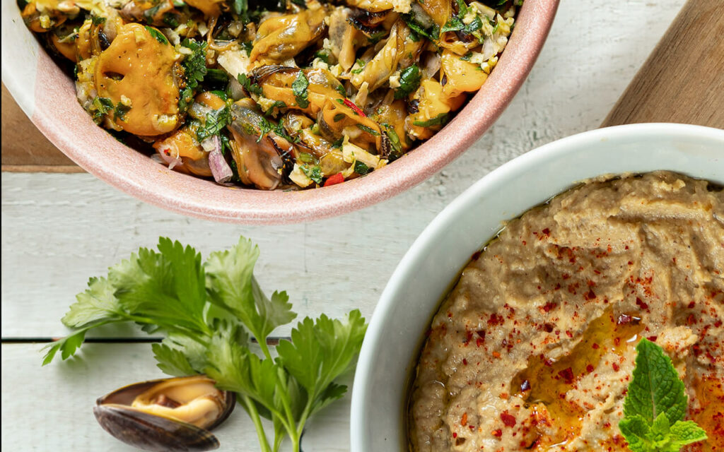Tapas de moules et houmous de lentilles corail